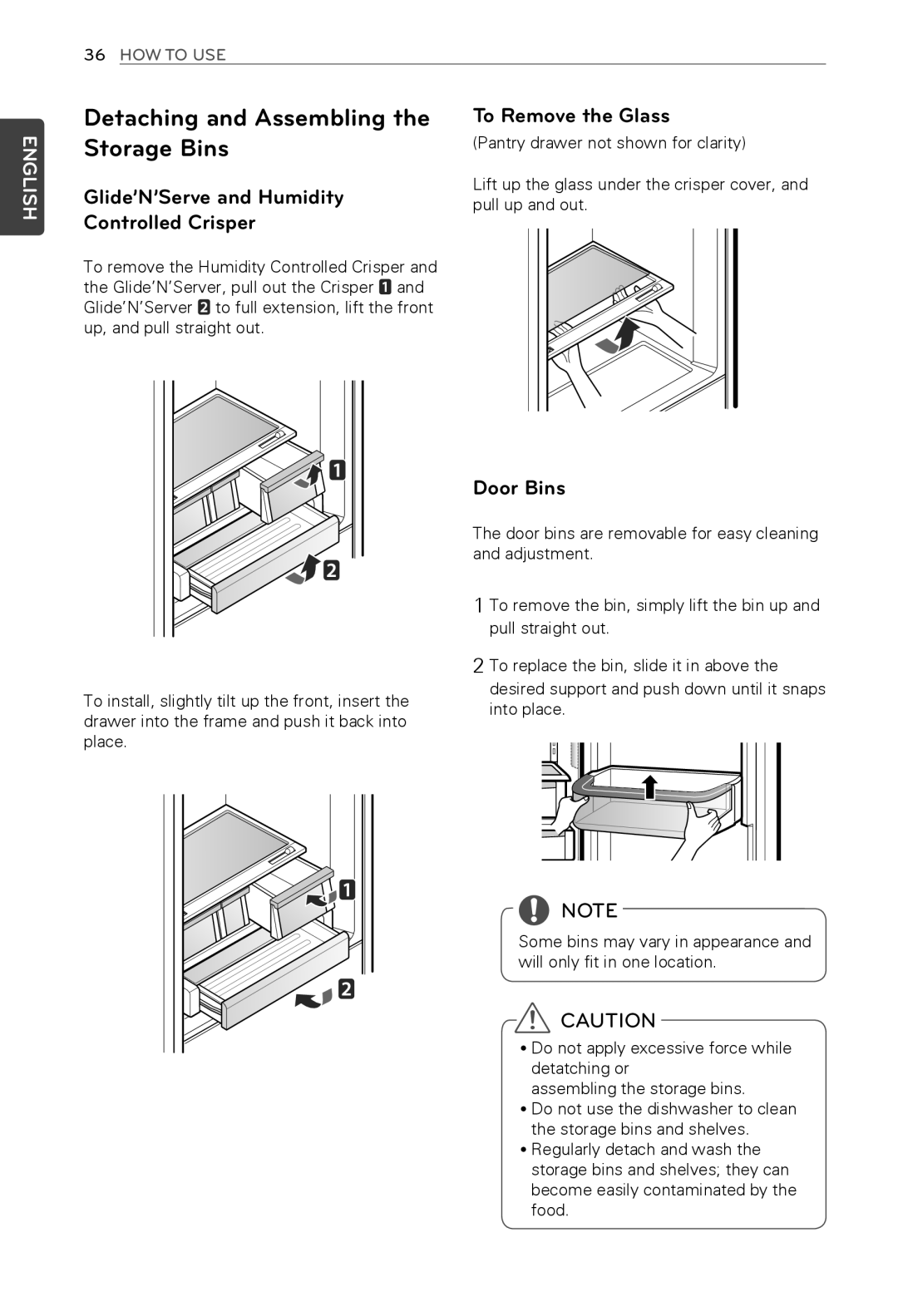 LG Electronics MFL62184416 Detaching and Assembling the Storage Bins, Glide’N’Serve and Humidity Controlled Crisper 