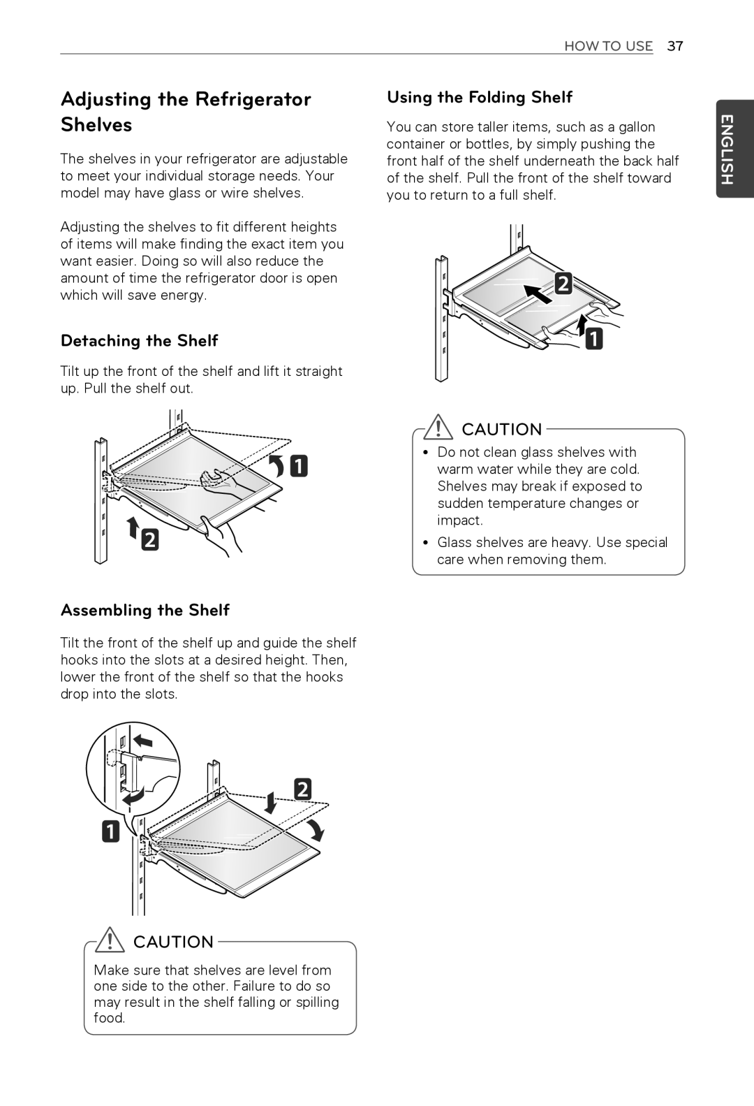 LG Electronics MFL62184416 owner manual Adjusting the Refrigerator Shelves, Detaching the Shelf, Assembling the Shelf 