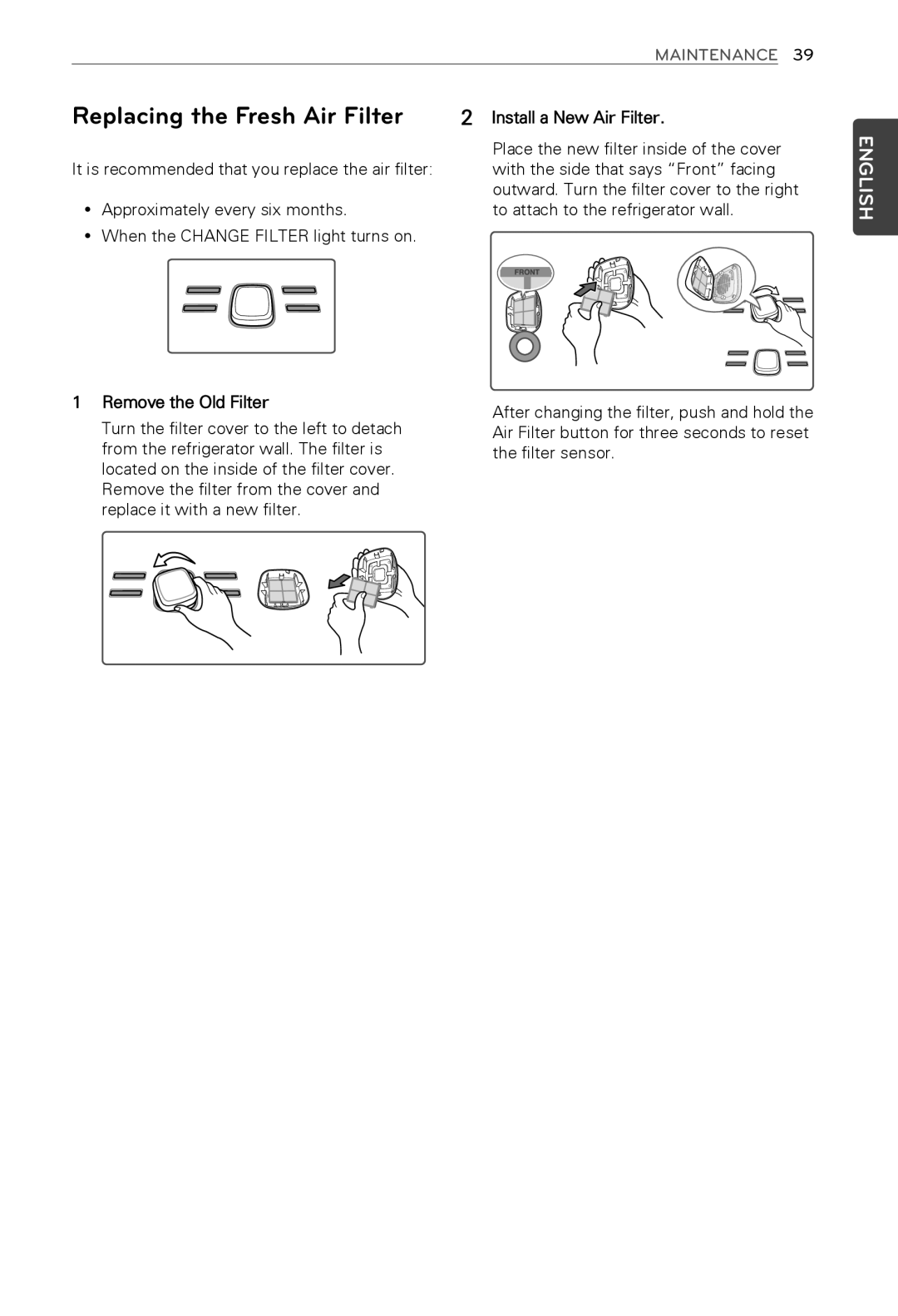 LG Electronics MFL62184416 owner manual Replacing the Fresh Air Filter, Remove the Old Filter 