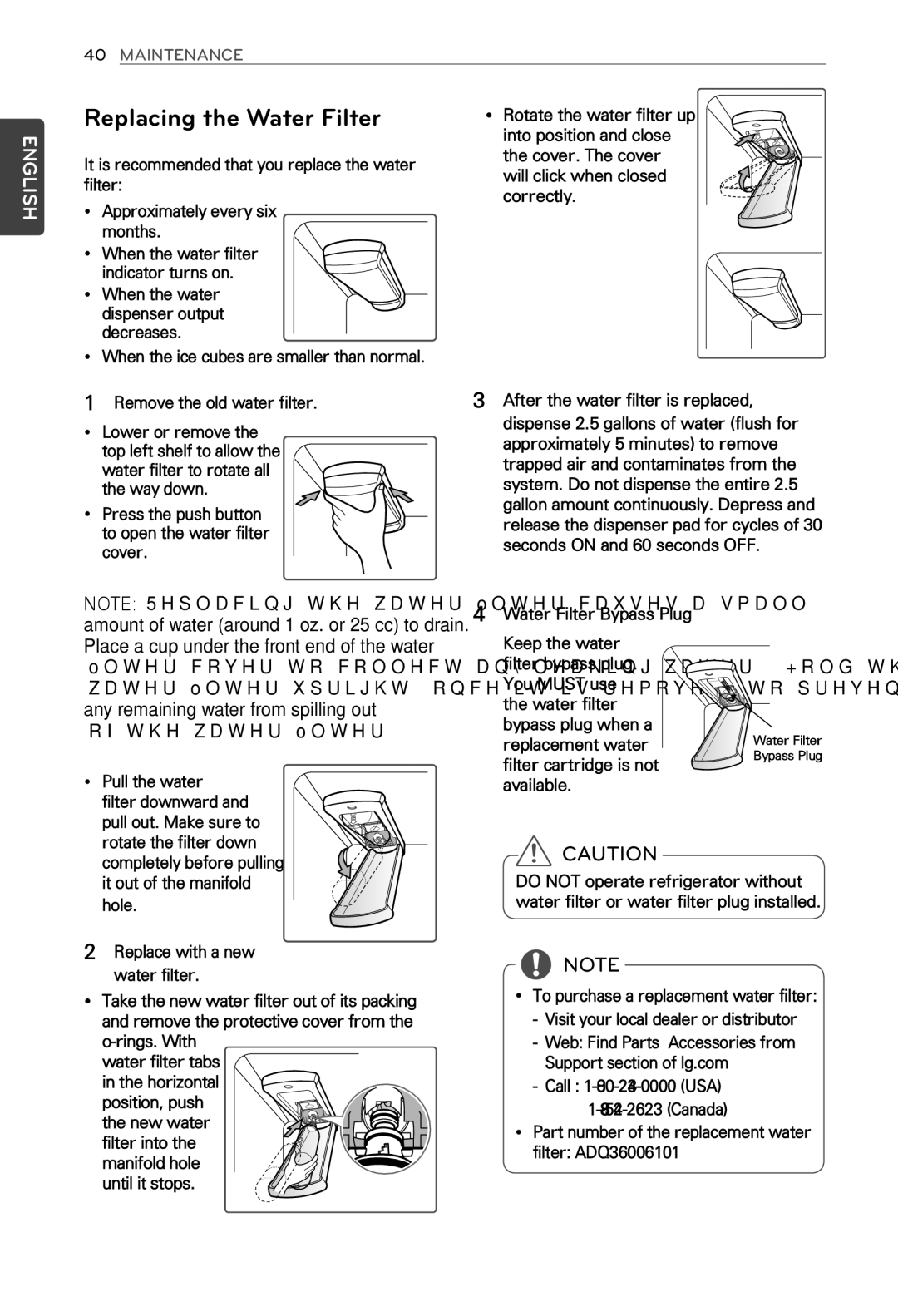 LG Electronics MFL62184416 Replacing the Water Filter, Into position and close, Replacement water, Filter cartridge is not 