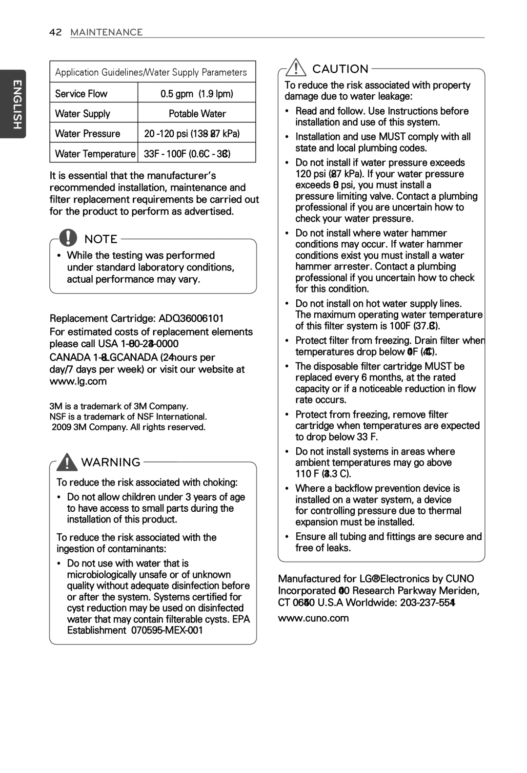 LG Electronics MFL62184416 Service Flow, Damage due to water leakage, Water Supply, Installation and use of this system 