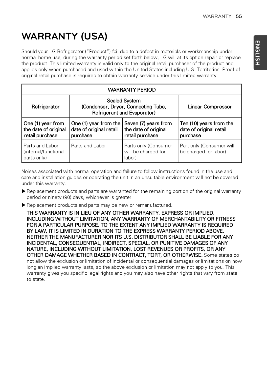 LG Electronics MFL62184416 Warranty USA, Sealed System Refrigerator, Linear Compressor, One 1 year from, Ten 10 years from 