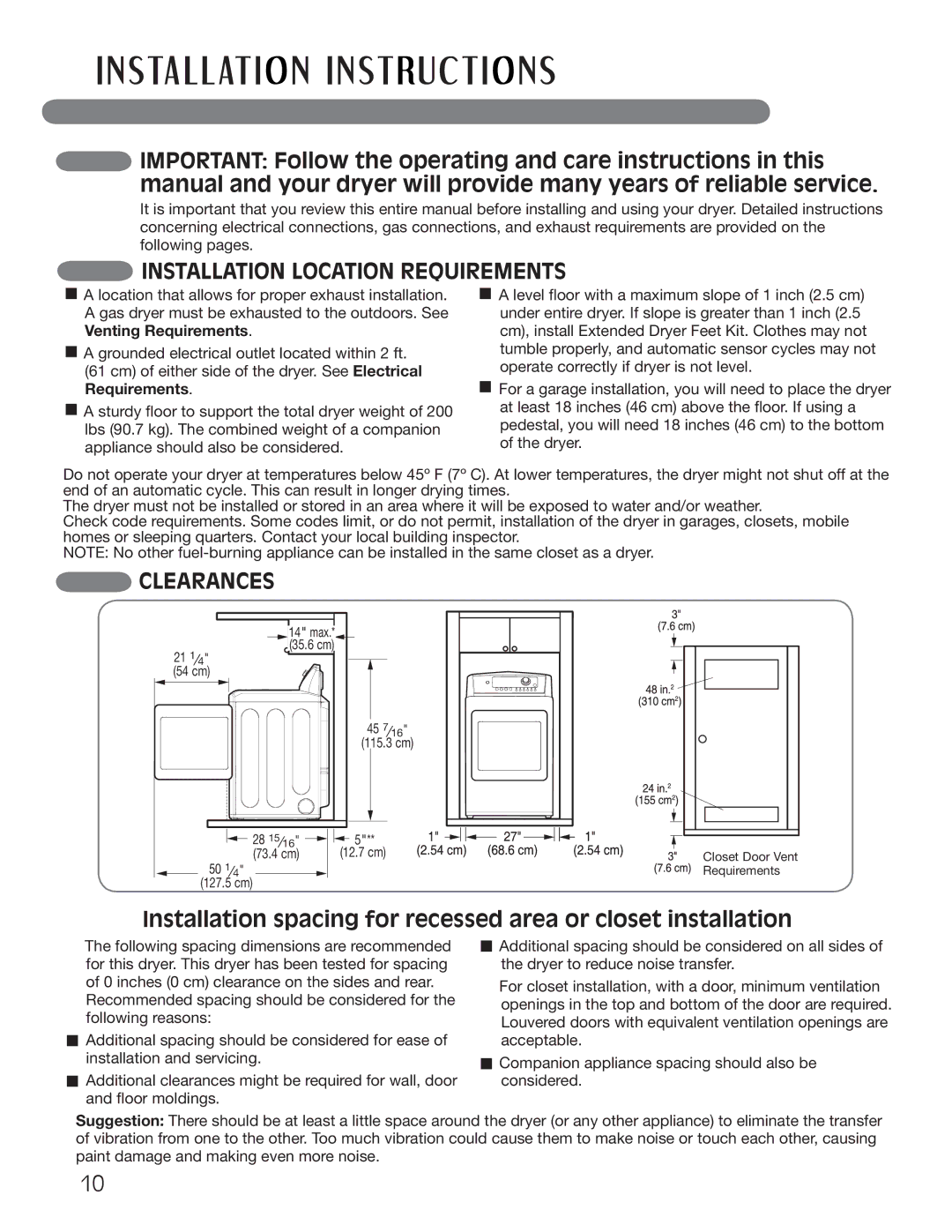 LG Electronics MFL62512805 owner manual Installation Location Requirements, Clearances, Venting Requirements 