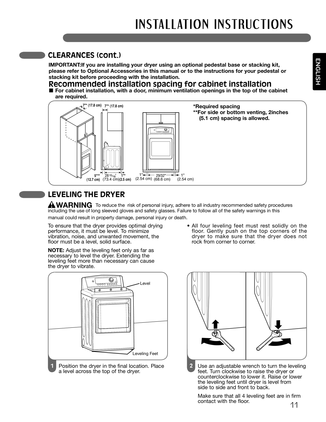 LG Electronics MFL62512805 Clearances, Recommended installation spacing for cabinet installation, Leveling the Dryer 