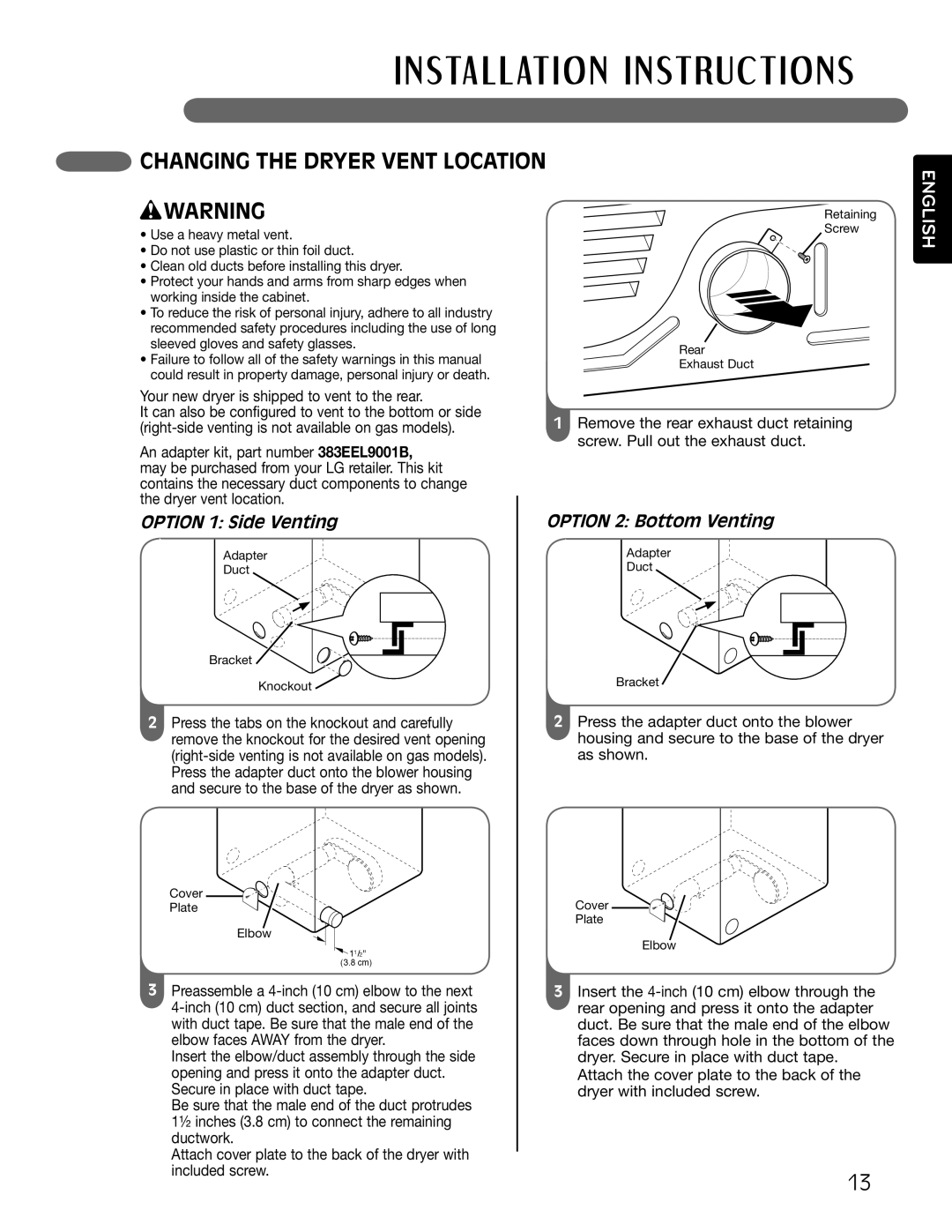 LG Electronics MFL62512805 Changing the Dryer Vent Location, Wwarning, Option 1 Side Venting, Option 2 Bottom Venting 