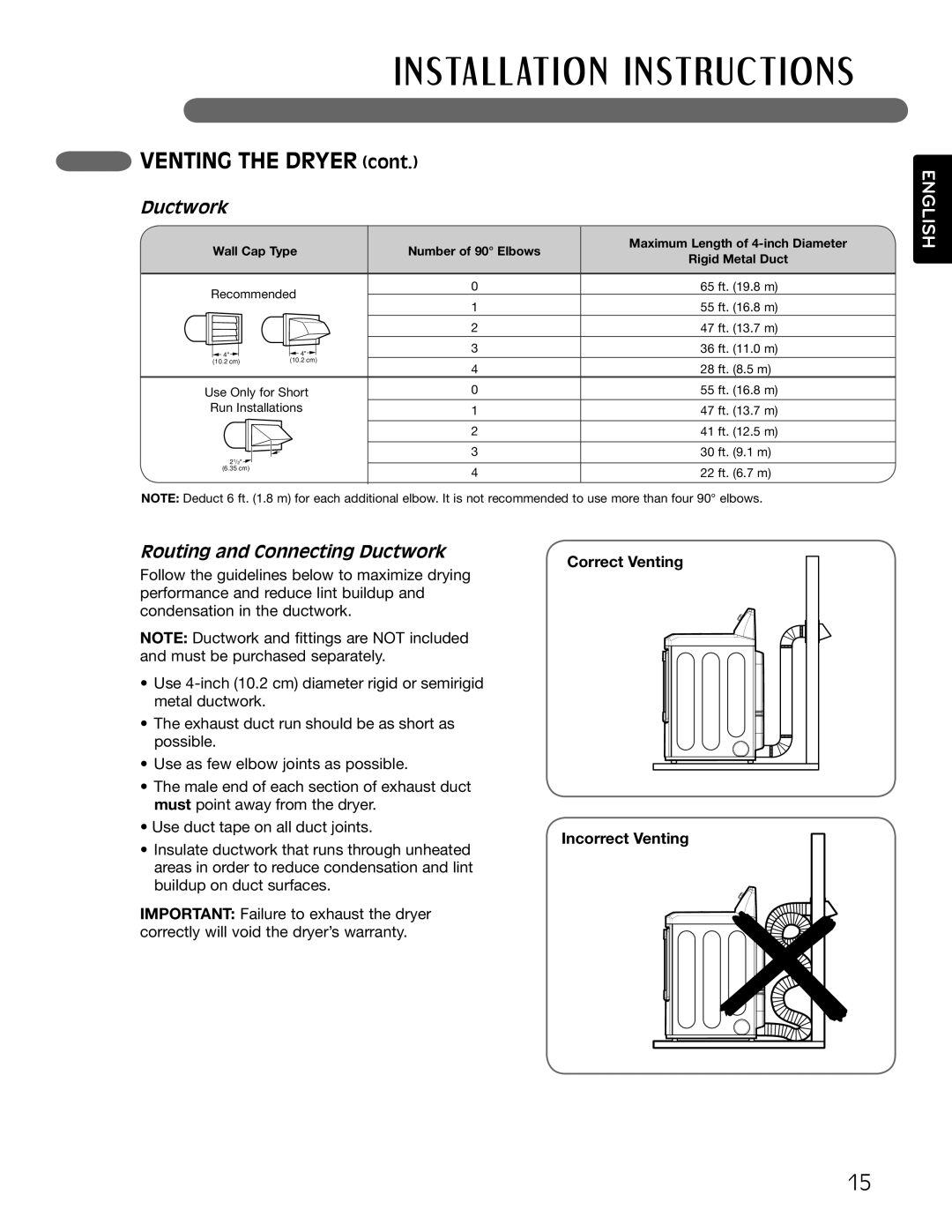 LG Electronics MFL62512805 Venting the Dryer, Routing and Connecting Ductwork, Correct Venting, Incorrect Venting 