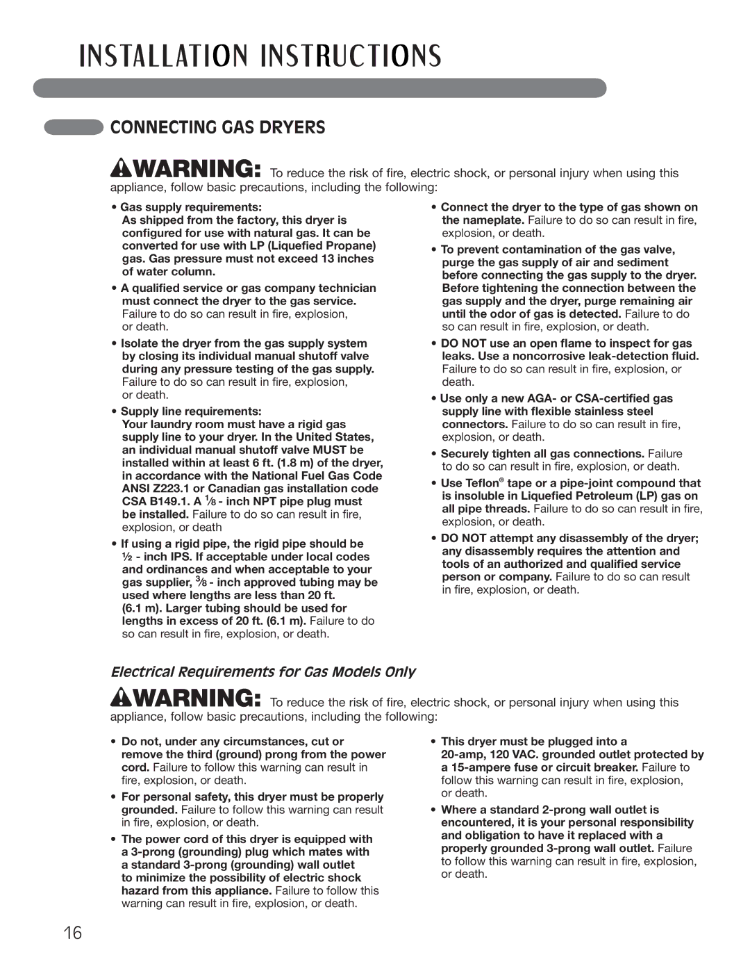 LG Electronics MFL62512805 ConnecTING GAS Dryers, Electrical Requirements for Gas Models Only, Supply line requirements 