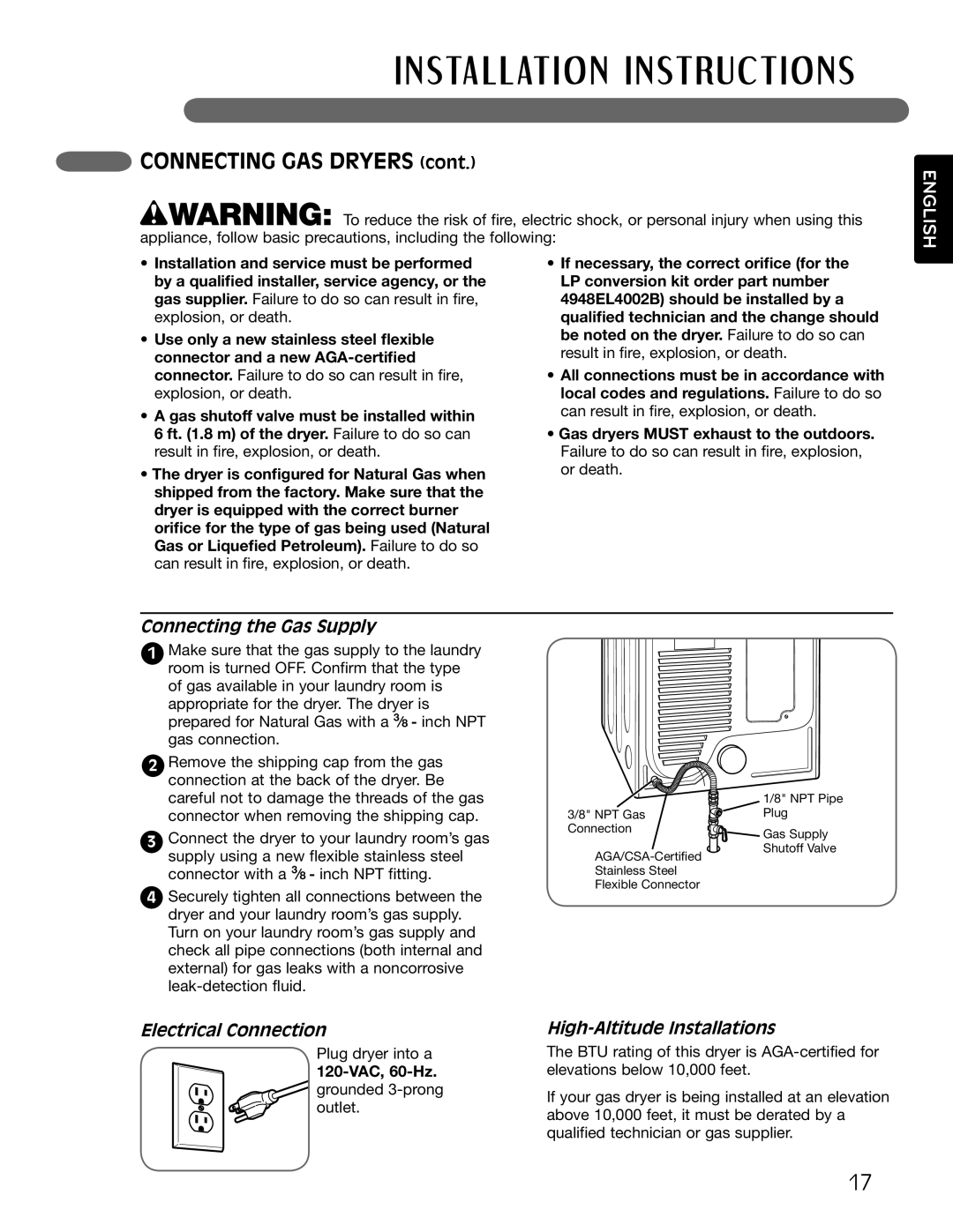 LG Electronics MFL62512805 owner manual Connecting the Gas Supply, Electrical Connection, High-Altitude Installations 