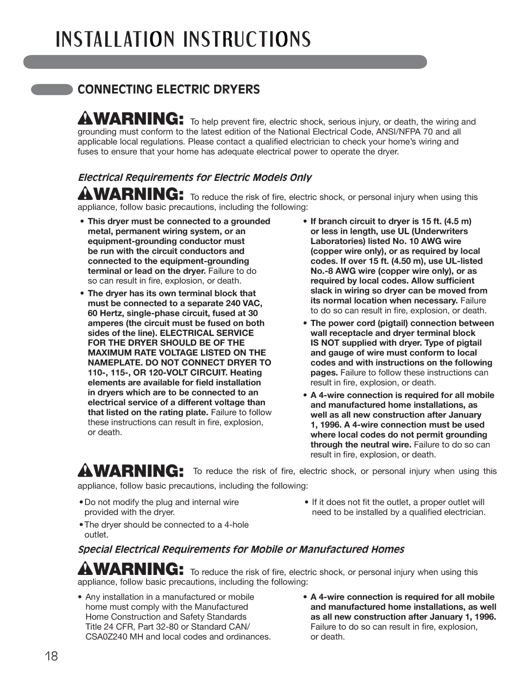 LG Electronics MFL62512805 owner manual Connecting Electric Dryers, Electrical Requirements for Electric Models Only 