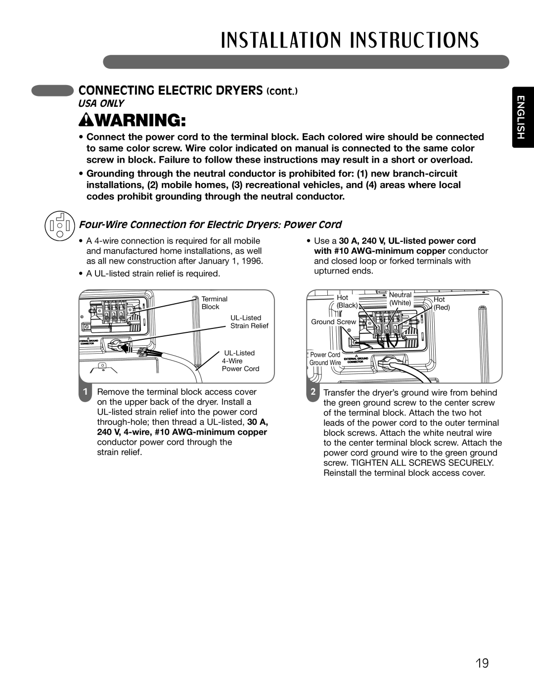 LG Electronics MFL62512805 owner manual Connecting Electric Dryers, Four-Wire Connection for Electric Dryers Power Cord 