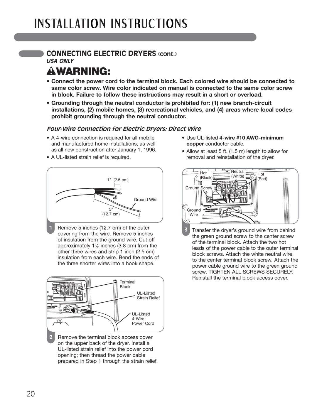 LG Electronics MFL62512805 owner manual Four-Wire Connection for Electric Dryers Direct Wire 