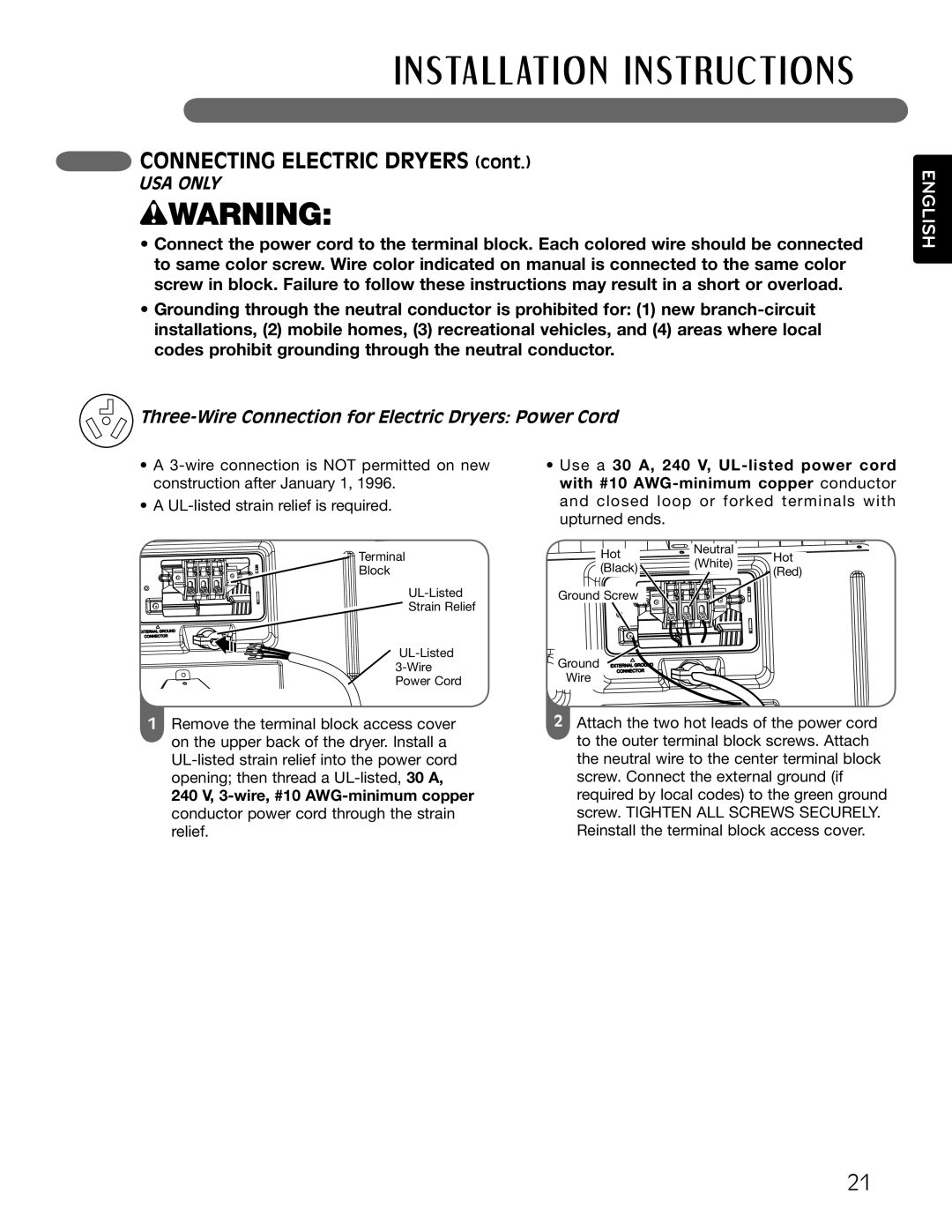 LG Electronics MFL62512805 Three-Wire Connection for Electric Dryers Power Cord, Use a 30 A, 240 V, UL-listed power cord 