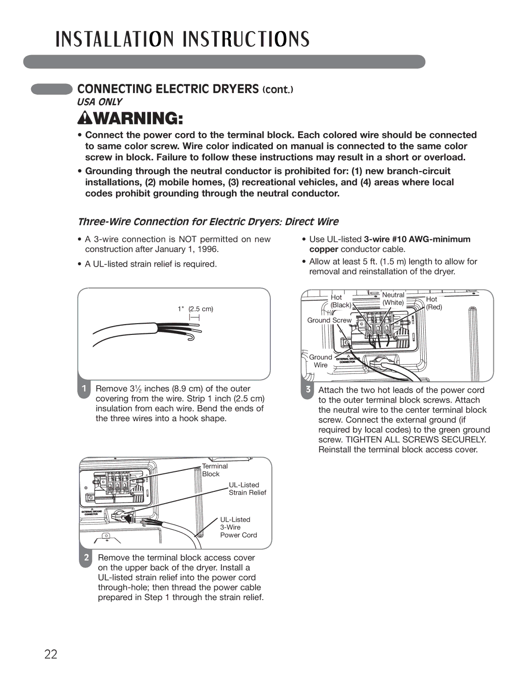 LG Electronics MFL62512805 owner manual Three-Wire Connection for Electric Dryers Direct Wire 