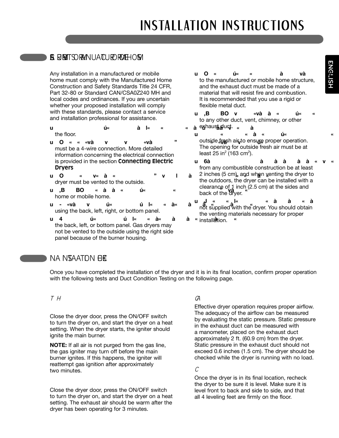 LG Electronics MFL62512805 owner manual Special Requirements for Manufactured or Mobile Homes, Final Installation Check 