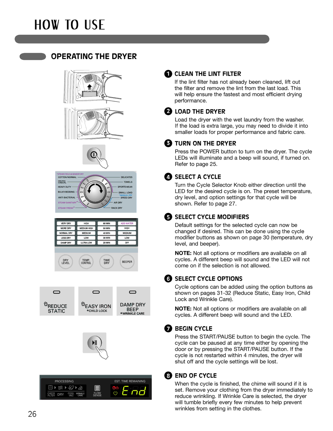 LG Electronics MFL62512805 owner manual Operating the Dryer, Clean the Lint Filter 