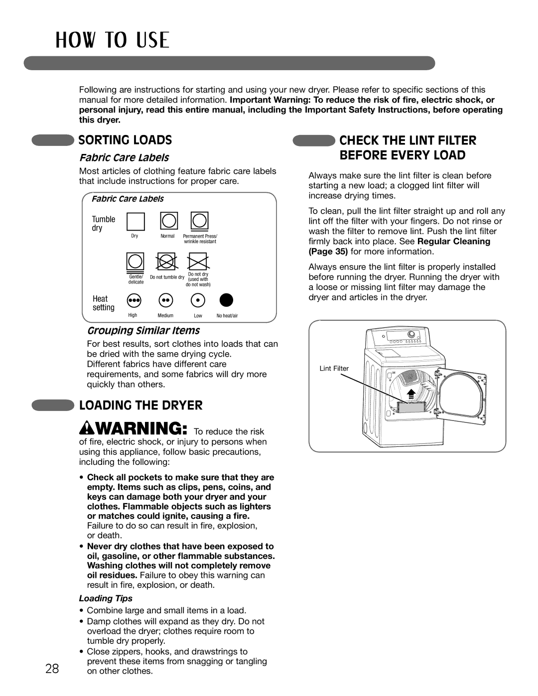 LG Electronics MFL62512805 owner manual Sorting Loads, Loading the Dryer, Fabric Care Labels, Grouping Similar Items 