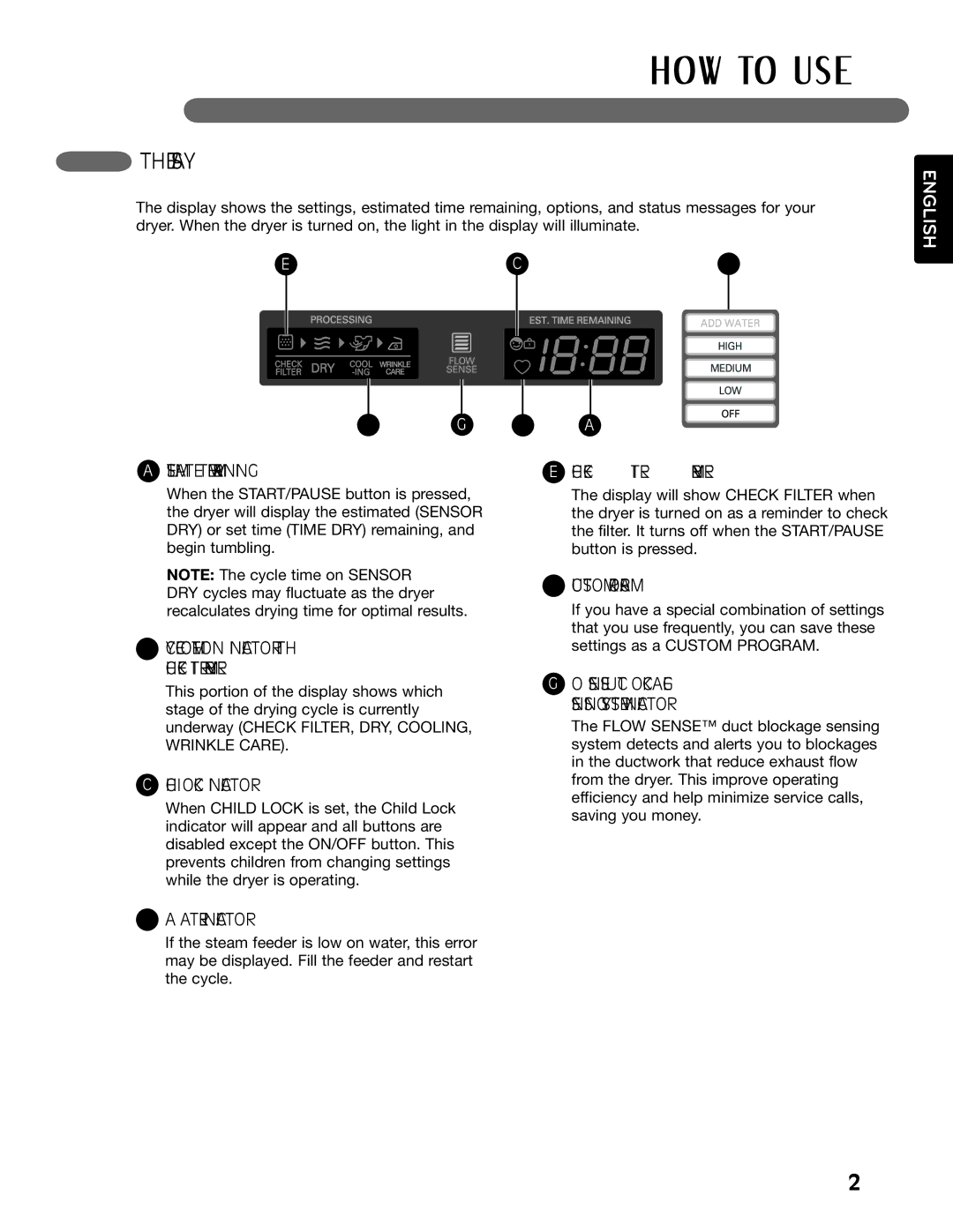 LG Electronics MFL62512805 owner manual Display, Child Lock Indicator 