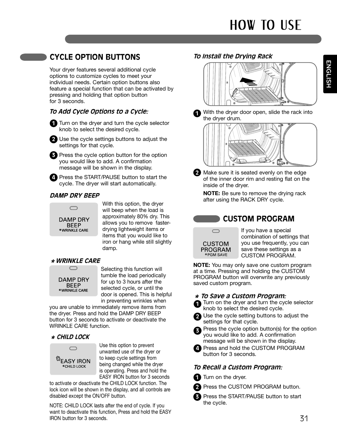 LG Electronics MFL62512805 To Install the Drying Rack, To Save a Custom Program, To Recall a Custom Program 