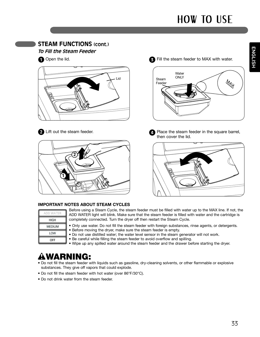 LG Electronics MFL62512805 owner manual Steam Functions, To Fill the Steam Feeder 