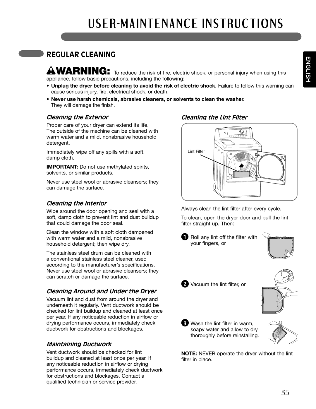 LG Electronics MFL62512805 Regular Cleaning, Cleaning the Exterior Cleaning the Lint Filter, Cleaning the Interior 