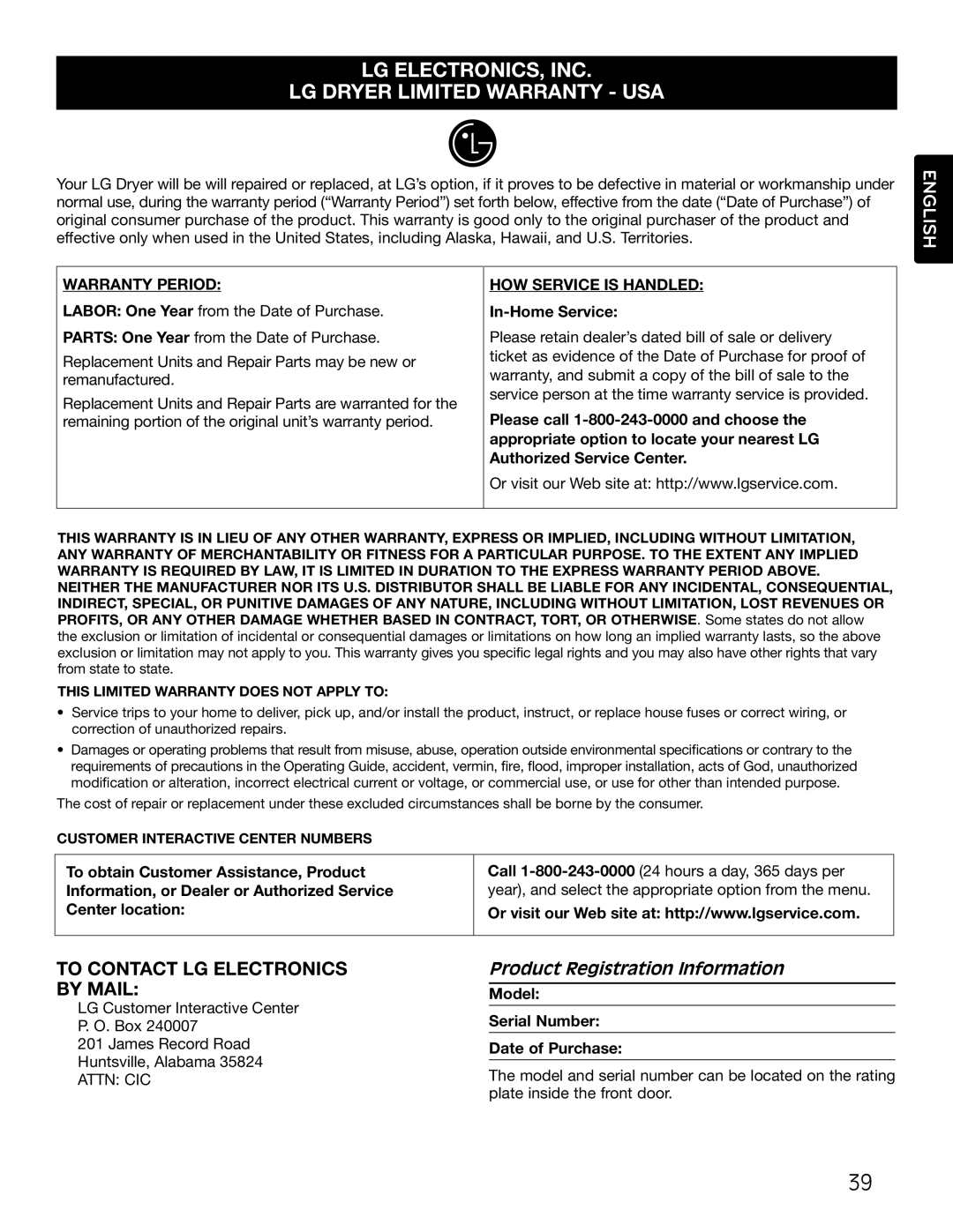 LG Electronics MFL62512805 owner manual Product Registration Information 