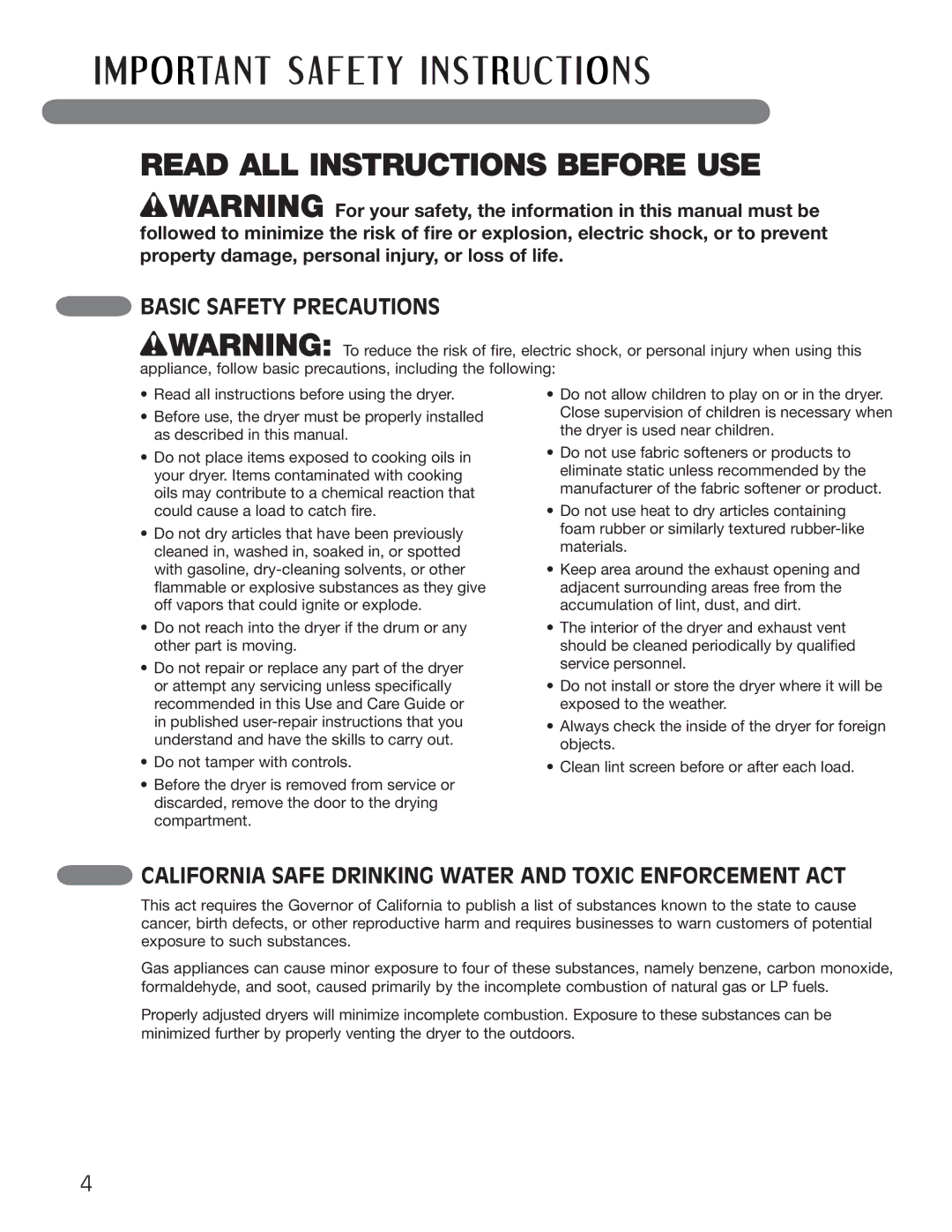 LG Electronics MFL62512805 owner manual Basic Safety Precautions, California Safe Drinking Water and Toxic Enforcement Act 