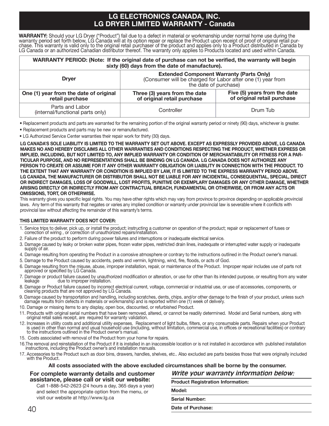 LG Electronics MFL62512805 owner manual Write your warranty information below, Three 3 years from the date 