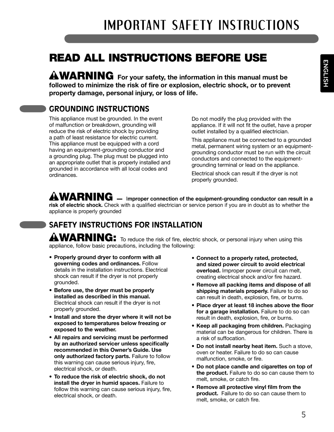 LG Electronics MFL62512805 owner manual Grounding Instructions, Safety Instructions for Installation 