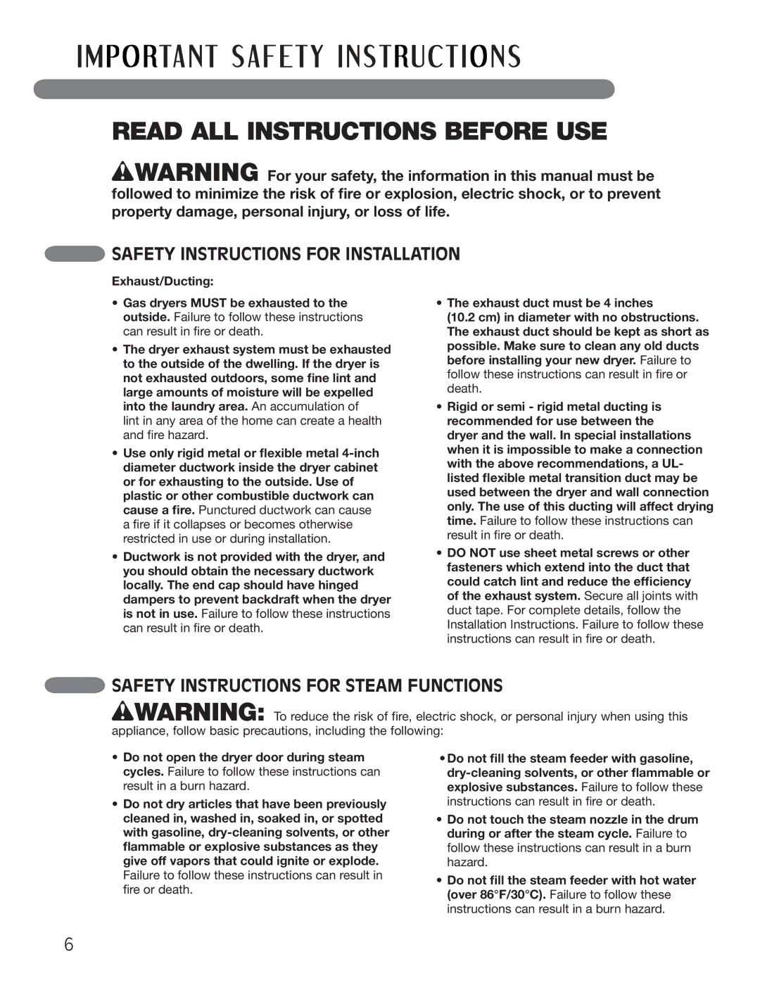 LG Electronics MFL62512805 owner manual Safety Instructions for Steam Functions 