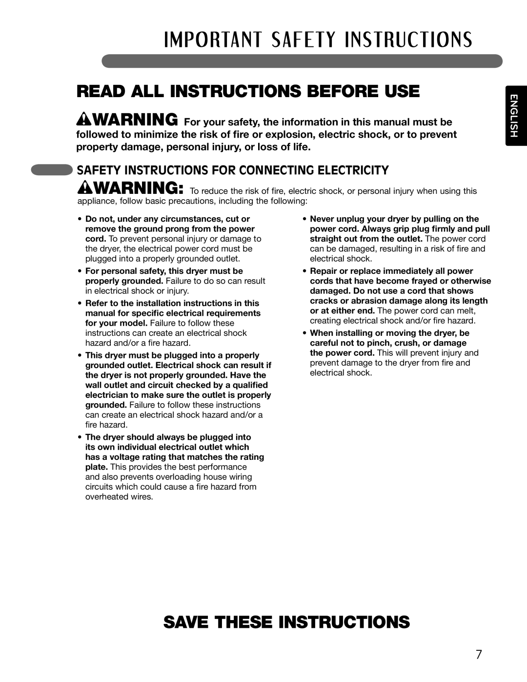 LG Electronics MFL62512805 owner manual Safety Instructions for Connecting Electricity 