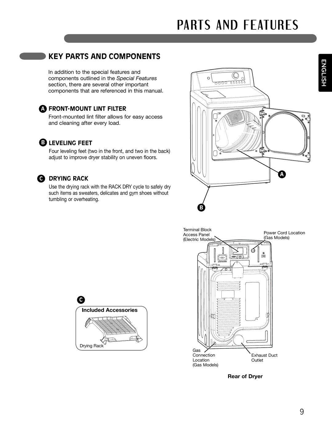 LG Electronics MFL62512805 KEY Parts and Components, Leveling Feet, Drying Rack, Included Accessories, Rear of Dryer 