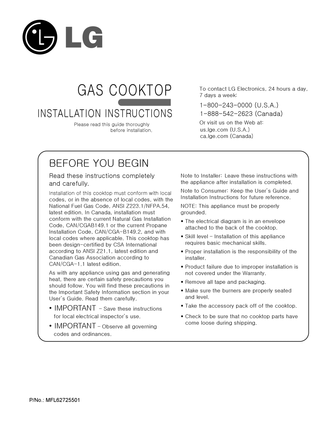 LG Electronics MFL62725501 installation instructions GAS Cooktop, Before YOU Begin 