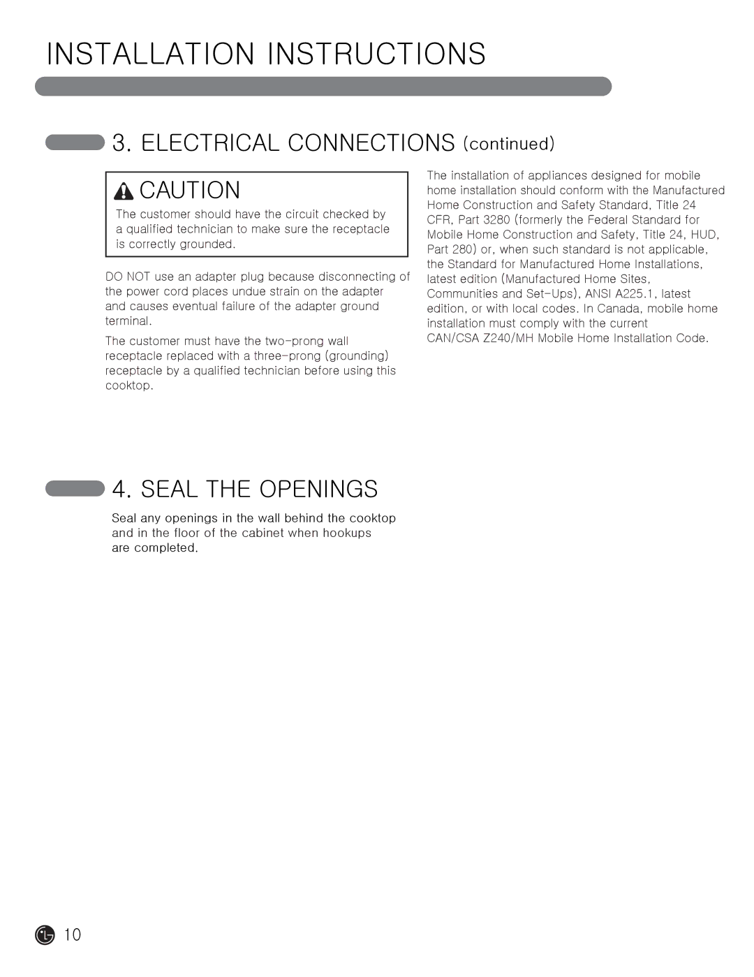 LG Electronics MFL62725501 installation instructions Electrical Connections, Seal the Openings 