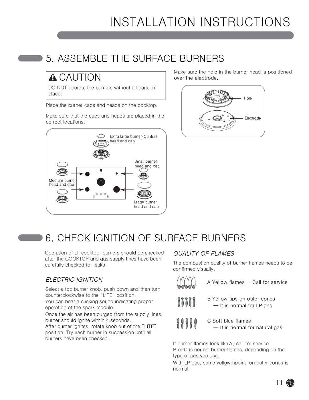 LG Electronics MFL62725501 Assemble the Surface Burners, Check Ignition of Surface Burners, Electric Ignition 