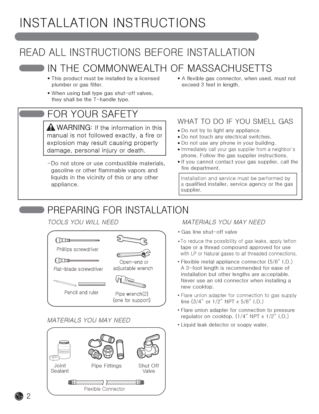 LG Electronics MFL62725501 Commonwealth of Massachusetts, For Your Safety, Preparing for Installation, Tools YOU will Need 