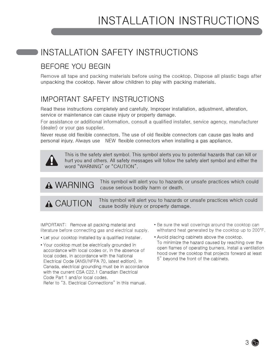 LG Electronics MFL62725501 installation instructions Installation Safety Instructions, Before YOU Begin 