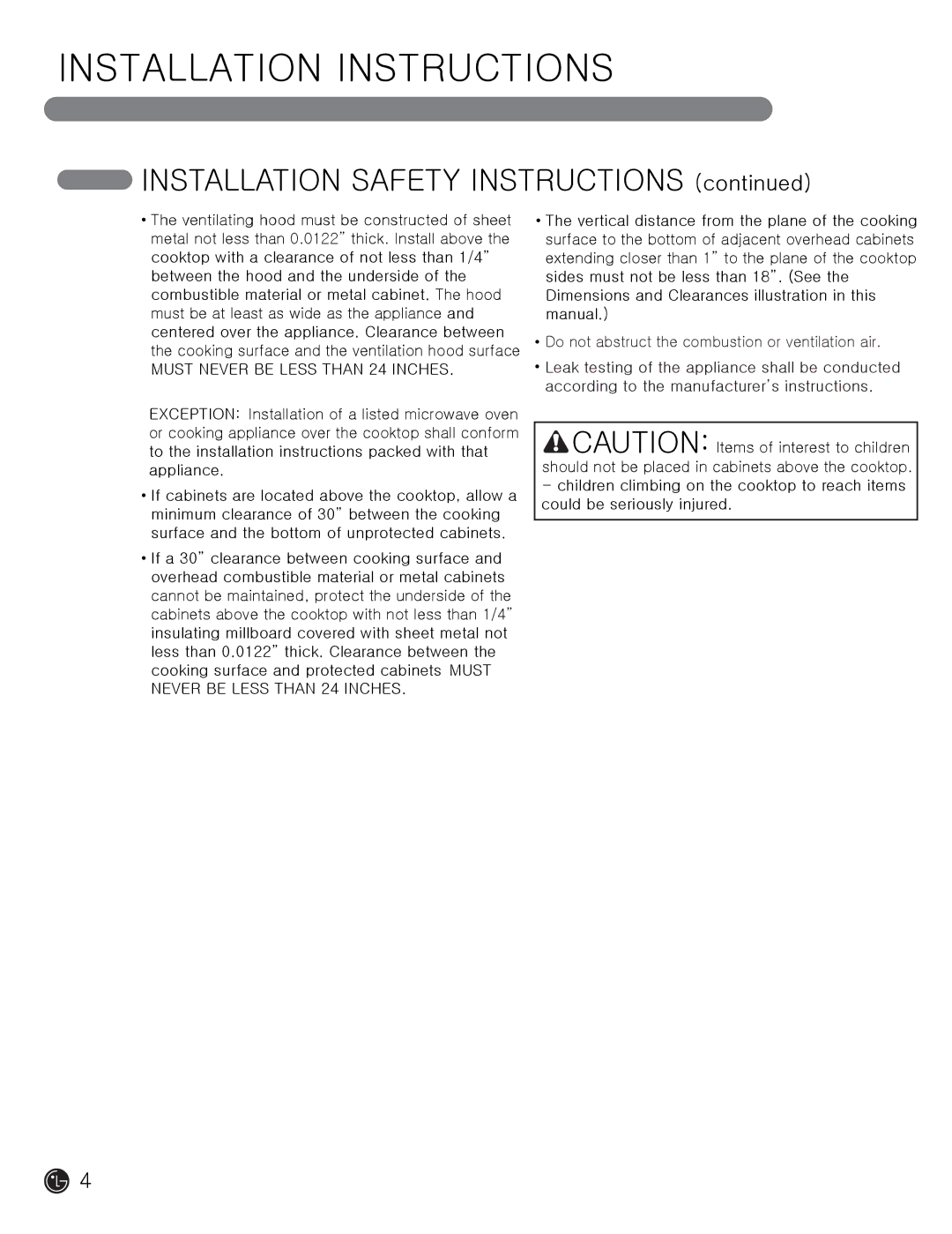 LG Electronics MFL62725501 installation instructions Installation Safety Instructions 