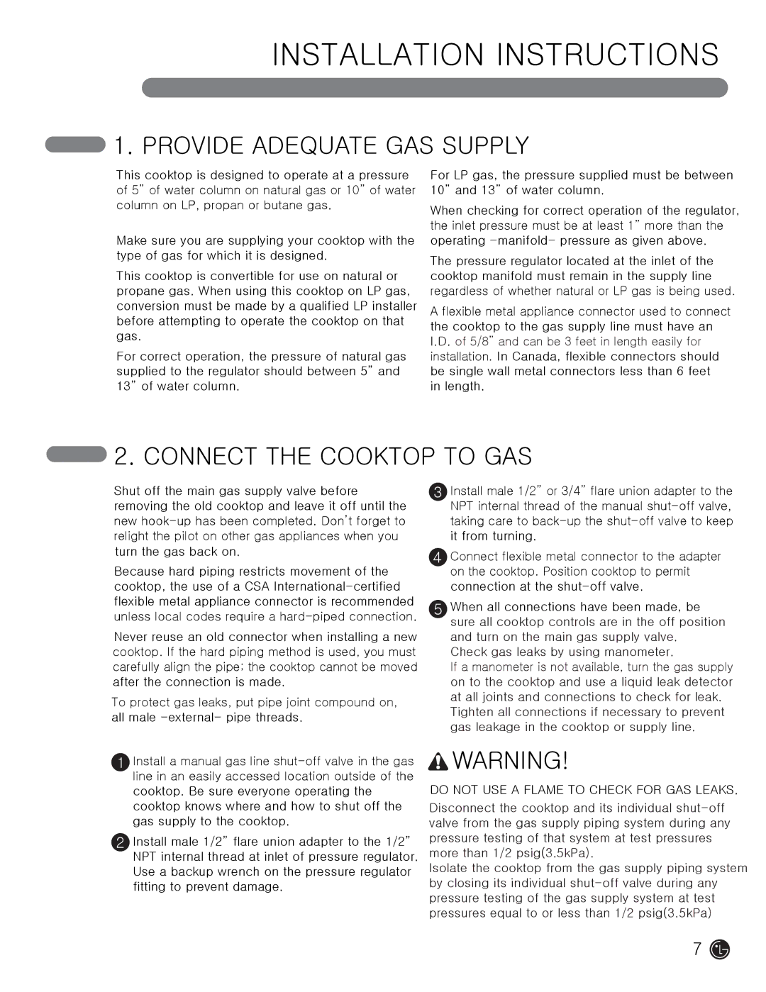 LG Electronics MFL62725501 installation instructions Provide Adequate GAS Supply, Connect the Cooktop to GAS 