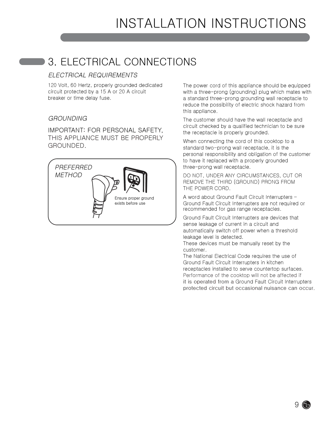 LG Electronics MFL62725501 Electrical Connections, Electrical Requirements, Grounding, Preferred Method 