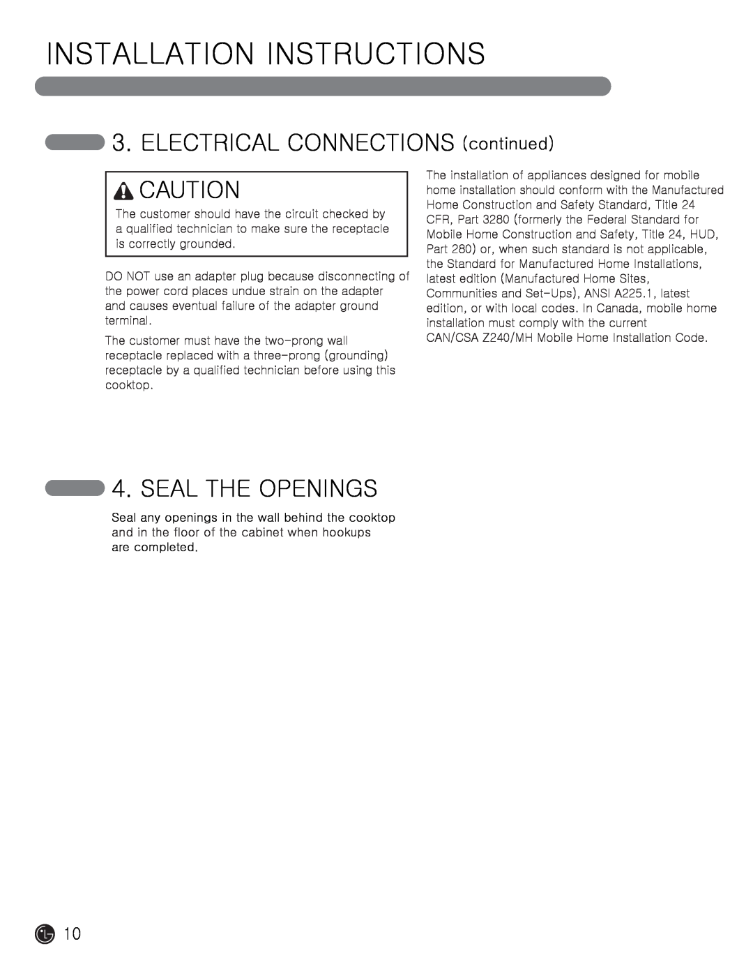 LG Electronics MFL62725501 ELECTRICAL CONNECTIONS continued, Seal The Openings, Installation Instructions 