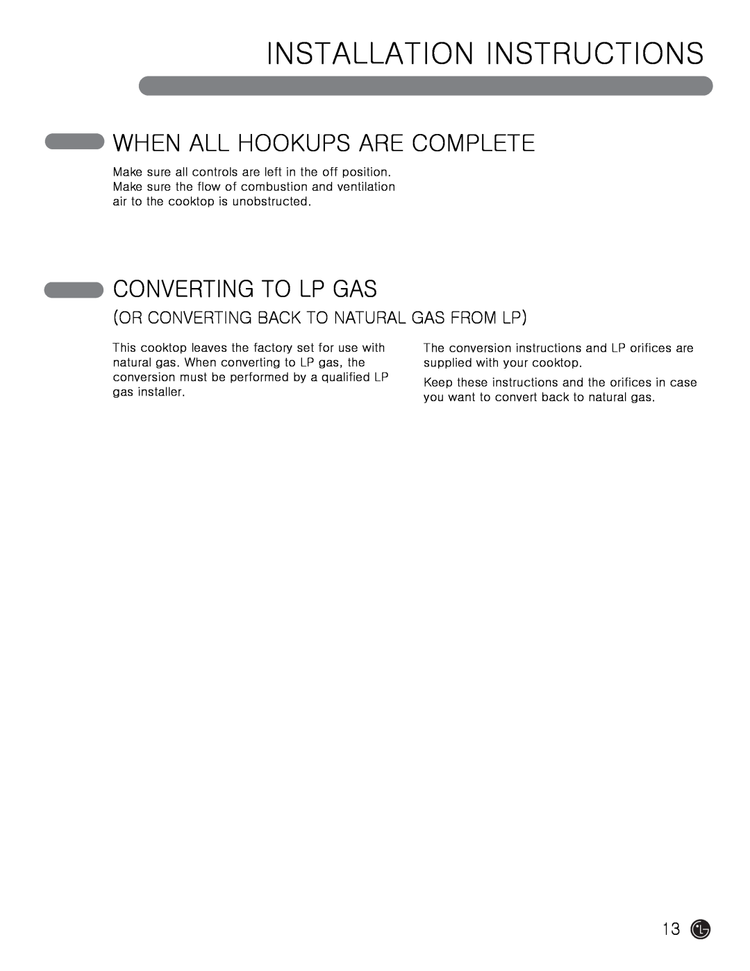 LG Electronics MFL62725501 When All Hookups Are Complete, Converting To Lp Gas, Or Converting Back To Natural Gas From Lp 