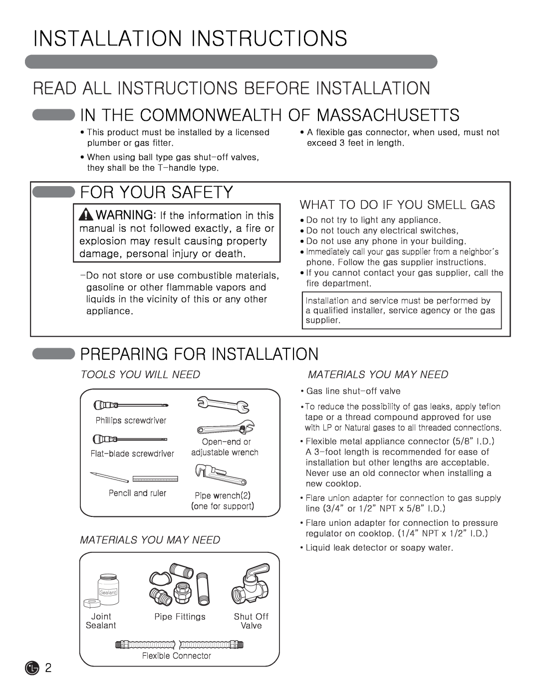 LG Electronics MFL62725501 Installation Instructions, In The Commonwealth Of Massachusetts, For Your Safety 
