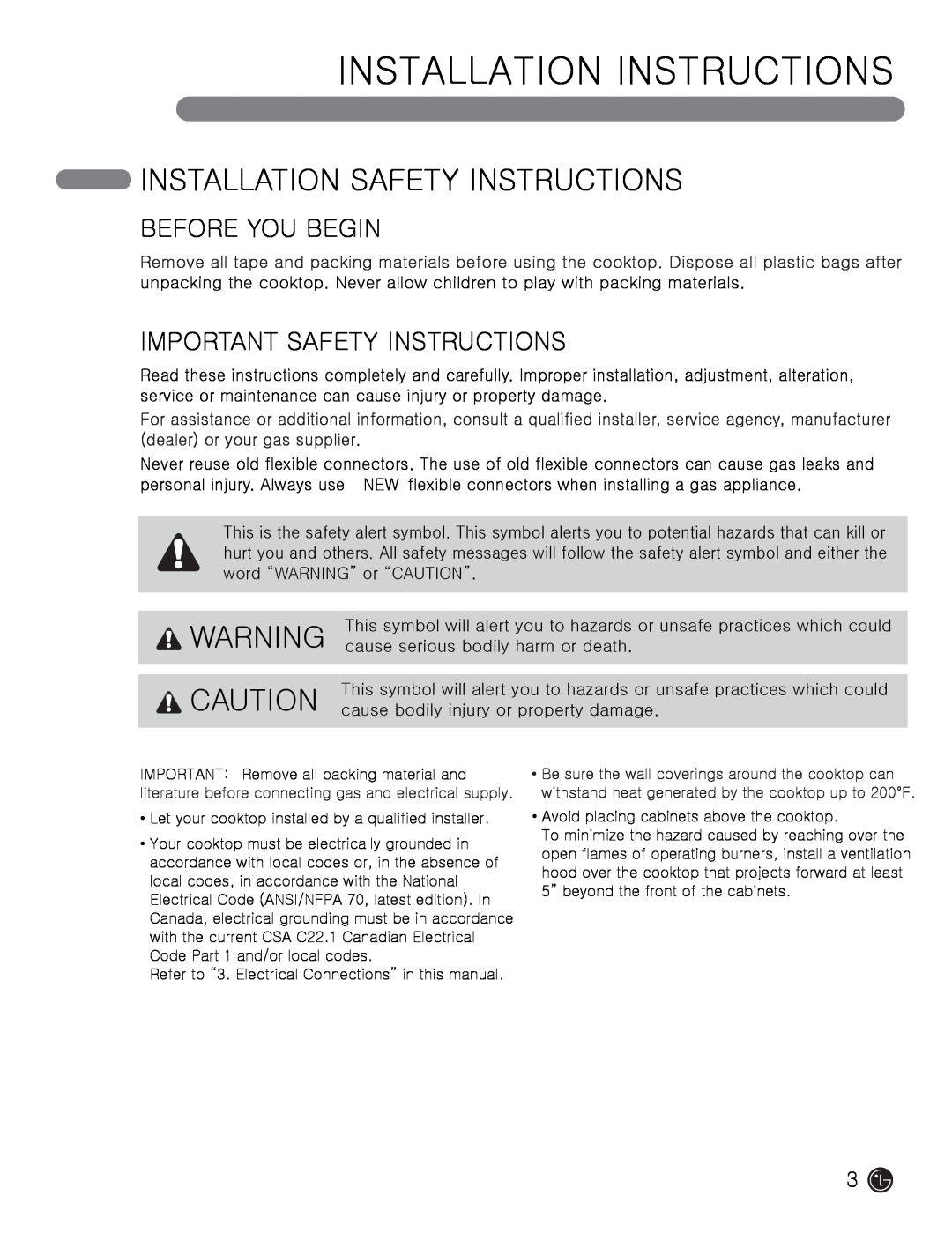 LG Electronics MFL62725501 Installation Safety Instructions, Installation Instructions, Before You Begin 