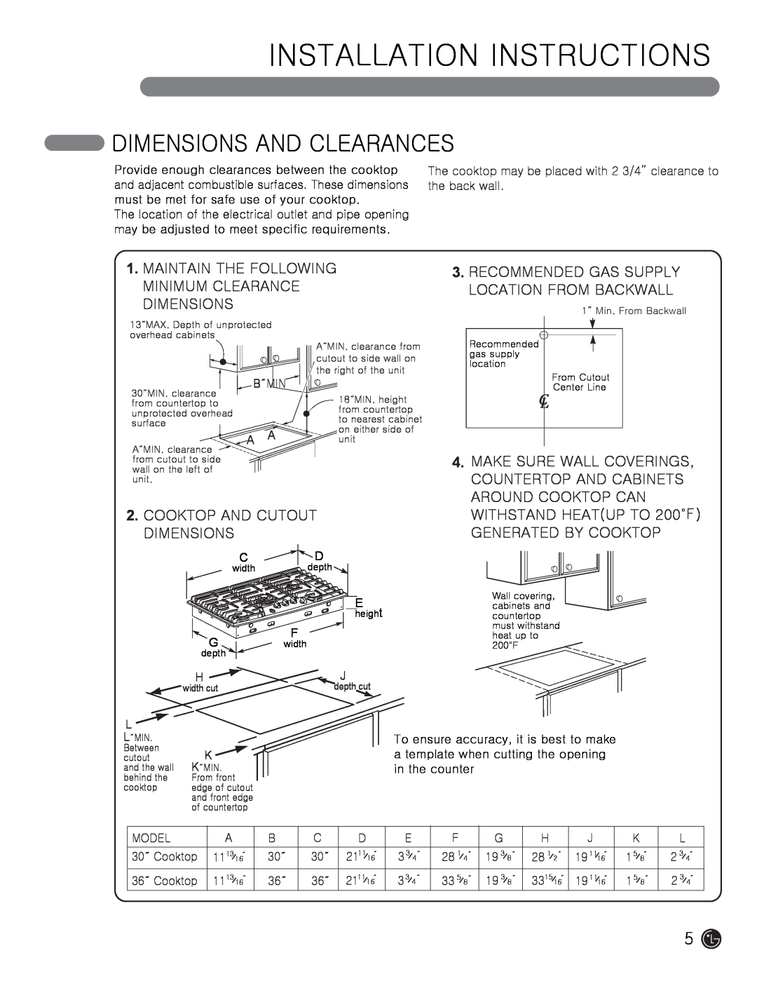 LG Electronics MFL62725501 Dimensions And Clearances, Installation Instructions, Maintain The Following, Minimum Clearance 