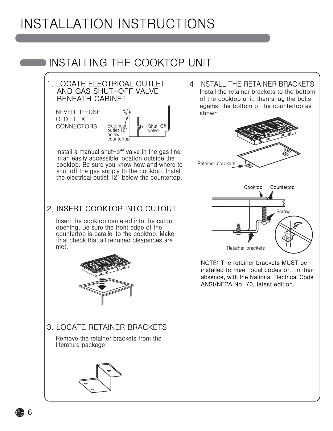 LG Electronics MFL62725501 Installing The Cooktop Unit, Locate Electrical Outlet, And Gas Shut-Off Valve, Beneath Cabinet 