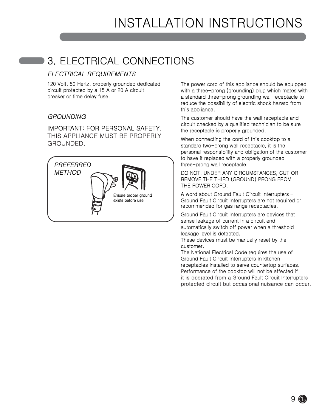 LG Electronics MFL62725501 Electrical Connections, Electrical Requirements, Grounding, Preferred Method 
