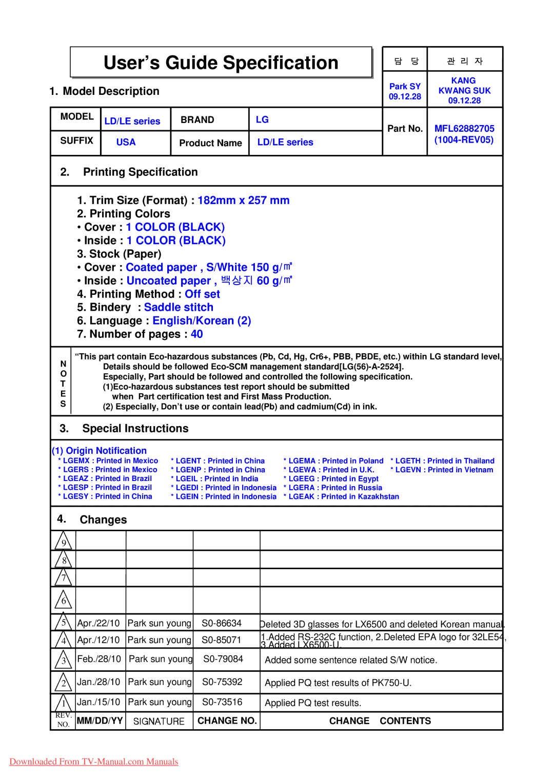 LG Electronics MFL62882705 manual User’s’s Guidei Specificationifi ti 