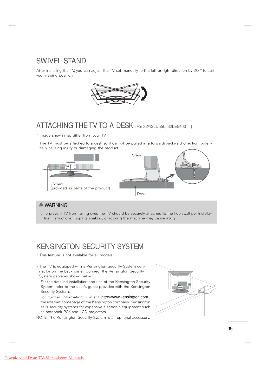 LG Electronics MFL62882705 manual Swivel Stand, Kensington Security System 