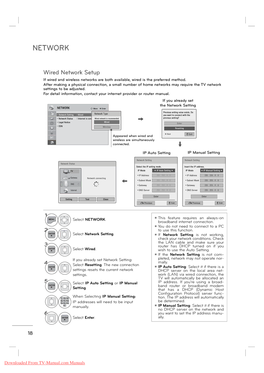 LG Electronics MFL62882705 manual Select Network Setting, When Selecting IP Manual Setting 