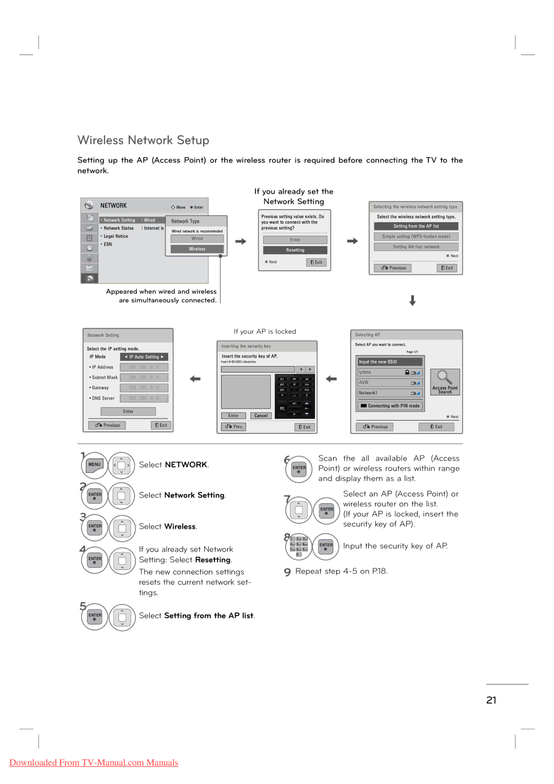 LG Electronics MFL62882705 manual Wireless Network Setup, Select Setting from the AP list 